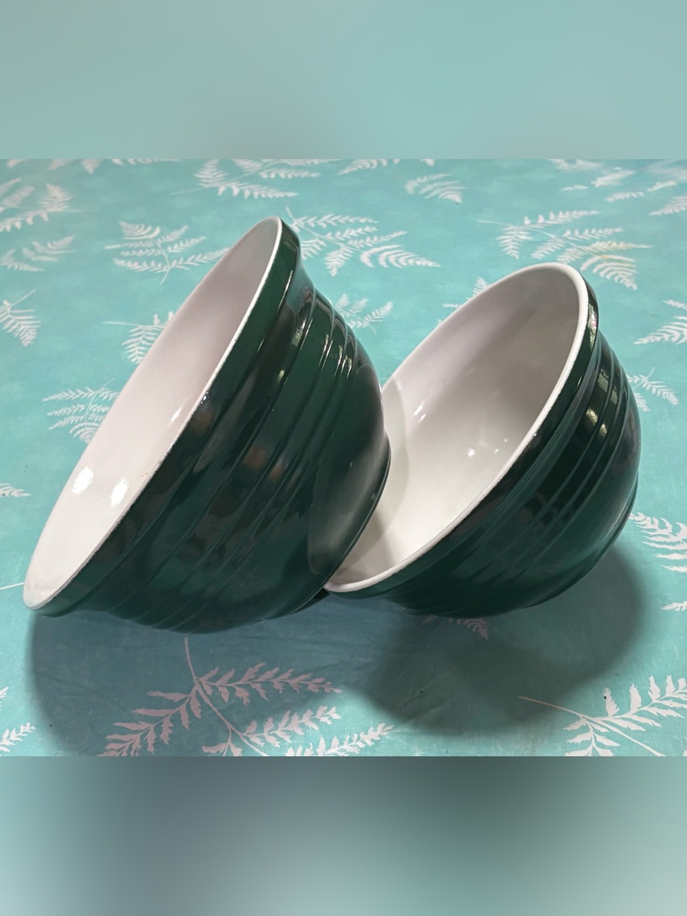 Vintage Over and Back Set of Two Dark Green Ceramic Bowls with White Interior